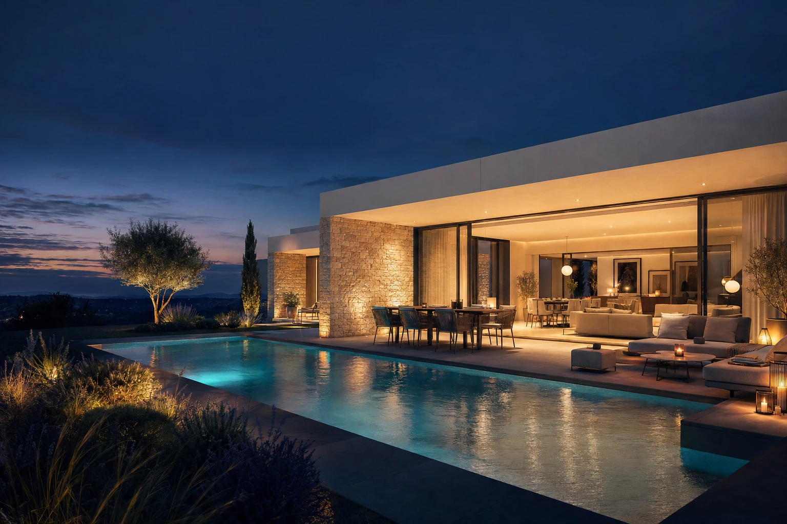 Piscina privada e zona exterior das villas ao anoitecer